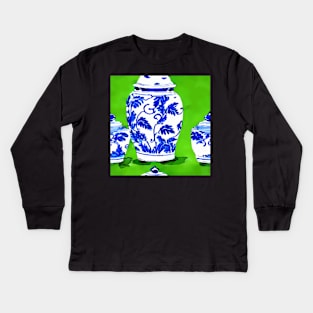 Chinoiserie jars on green Kids Long Sleeve T-Shirt